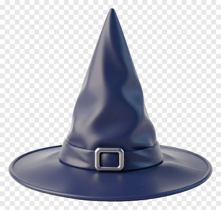 A dark blue witch hat with a silver buckle.