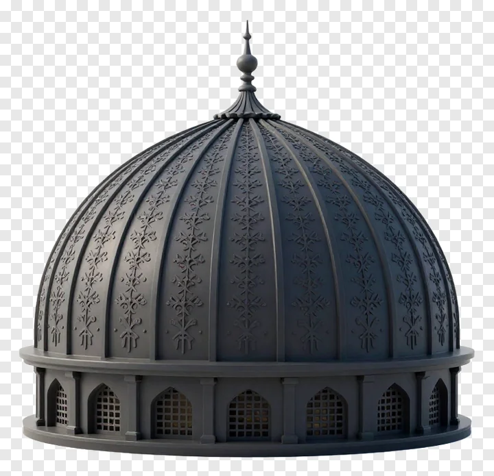 A dark metal mosque dome with decorative patterns and a finial.