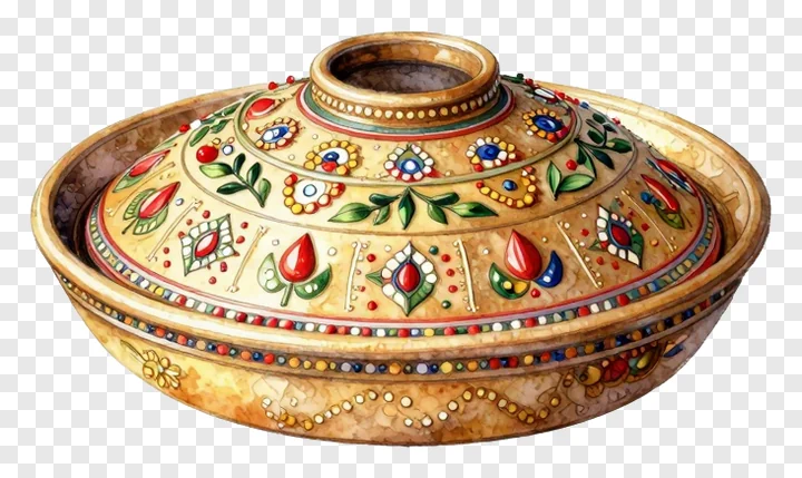 A decorated Sindoor Khela bowl with lid and colorful patterns.