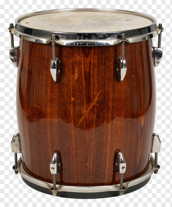 A polished wooden dhaki drum with metallic hardware.