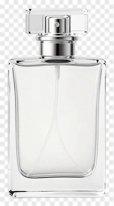 An empty glass perfume bottle with a silver cap.
