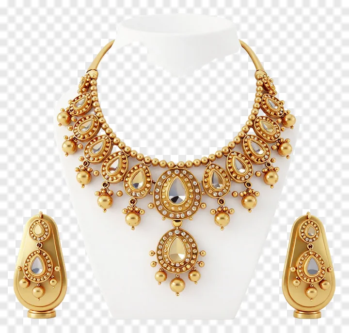 Golden Bengali jewelry set with teardrop pendant and earrings.