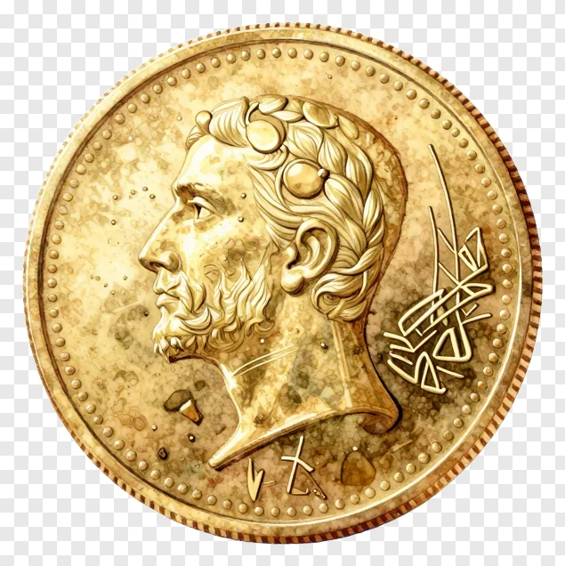 A gold coin with a bearded man's profile.