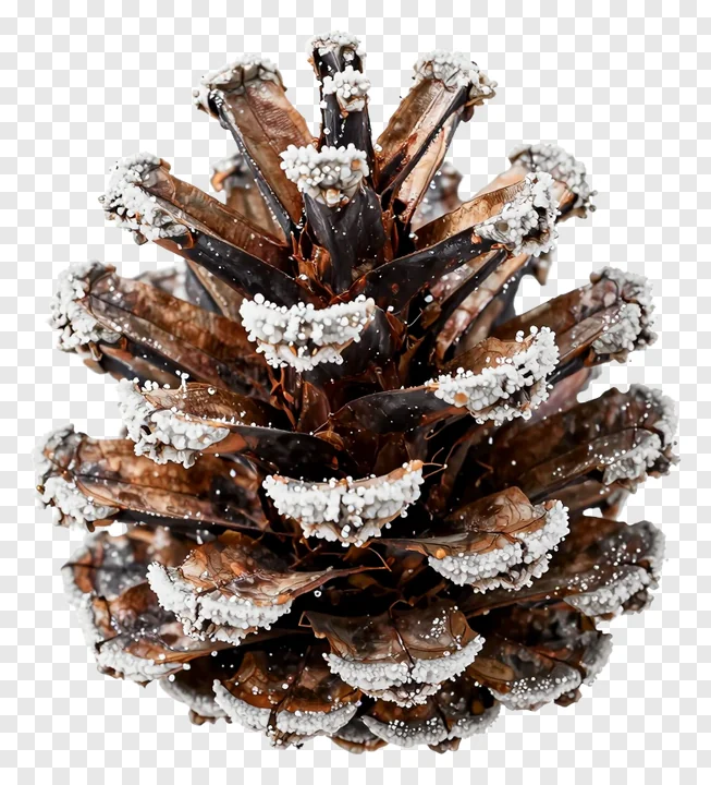 A frost-covered pinecone with detailed snow-like crystals on its scales.