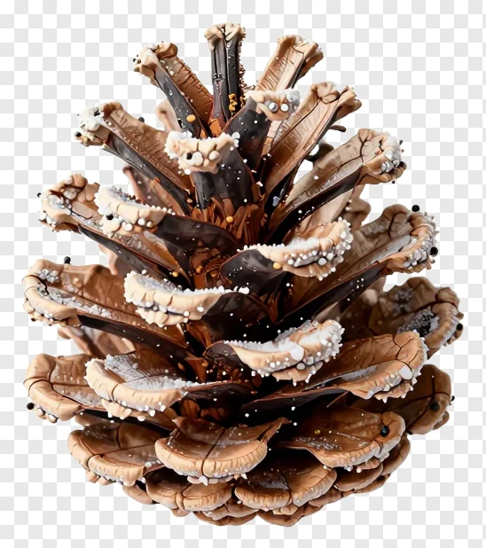A pinecone covered in frost, shown in detail.