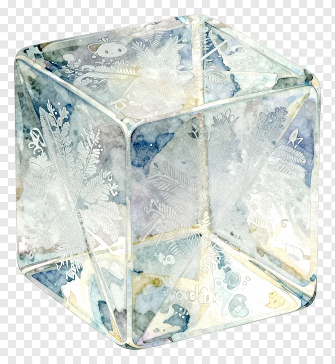 A frosted glass cube with etched fern designs.