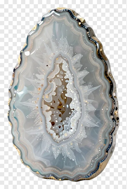Polished geode slice with frost-like crystal formations.