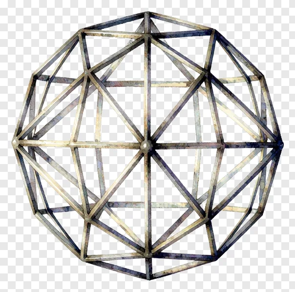 A geometric sphere frame with intersecting metal bars.