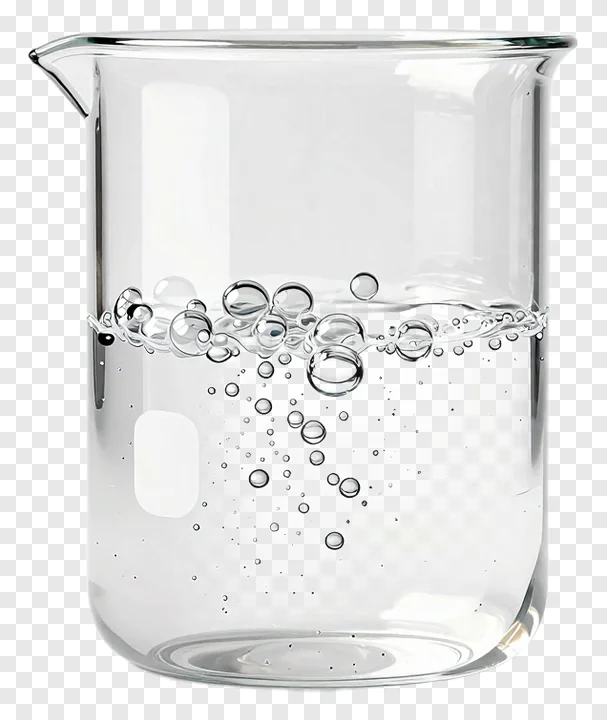 A glass beaker containing liquid with bubbles.
