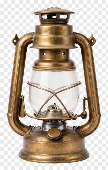 A brass oil lamp with a wire cage and glass globe.