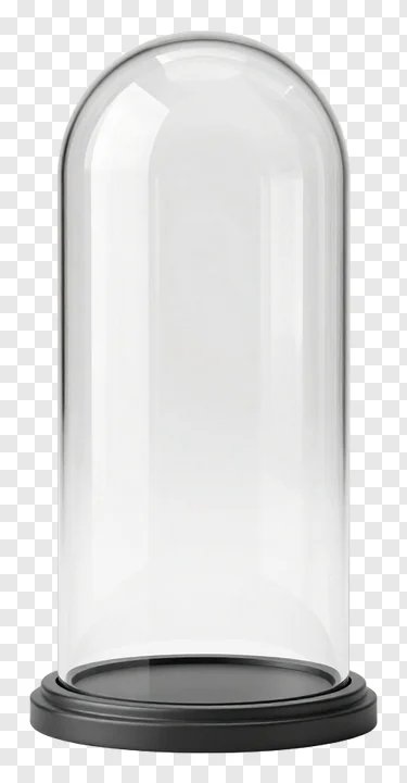 A glass dome display case with a black base.