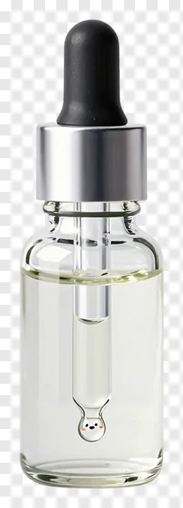 A glass dropper bottle with a droplet hanging from the tip.