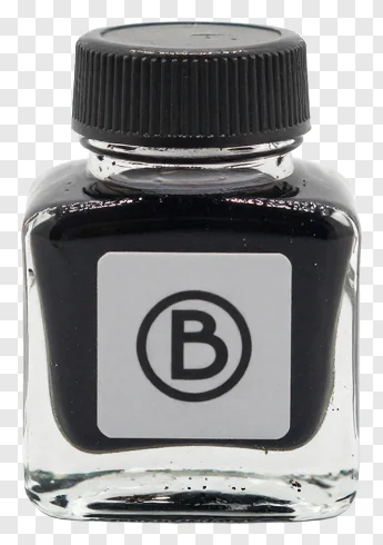 A glass inkwell containing black ink with a black cap.