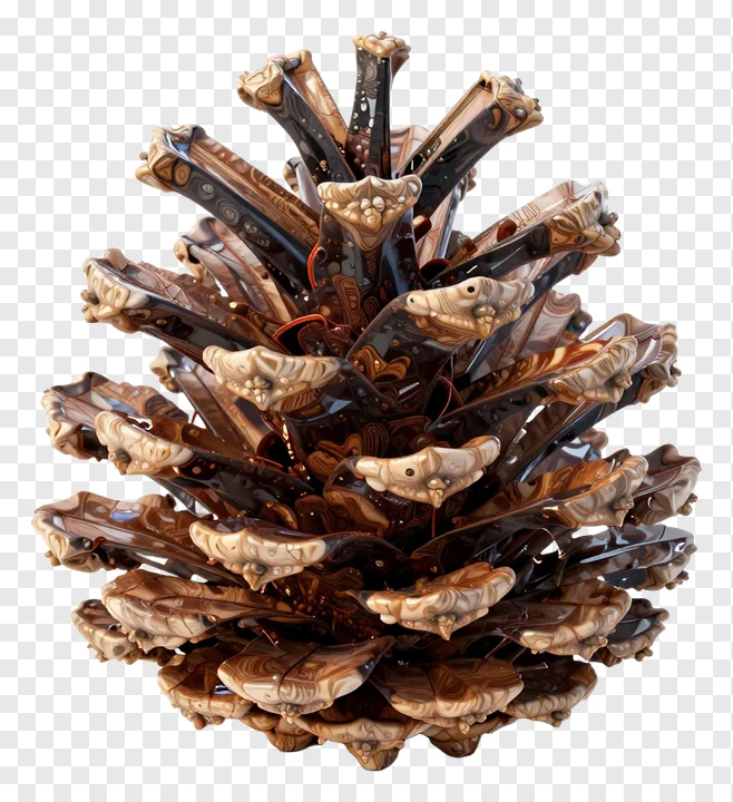An artistic, glass-marbled pinecone sculpture with intricate swirls.