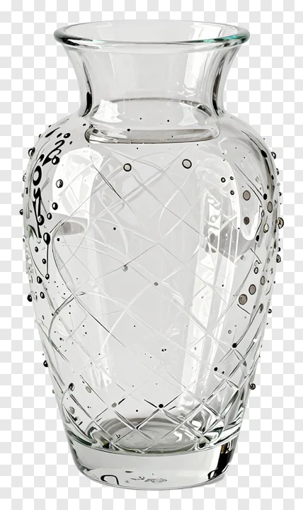 Clear glass vase with etched diamond pattern and metallic dots.