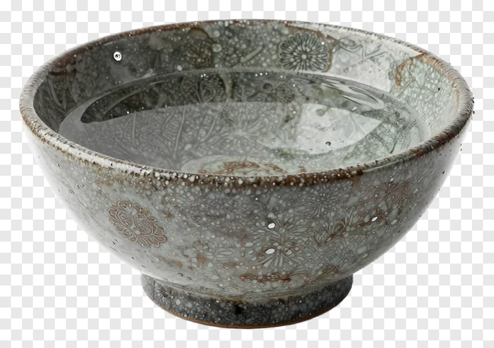 A ceramic bowl with floral patterns filled with water.