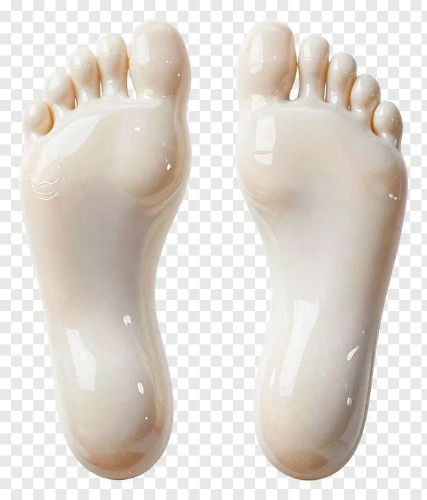 Two glossy ceramic footprints of Lakshmi, viewed from above.