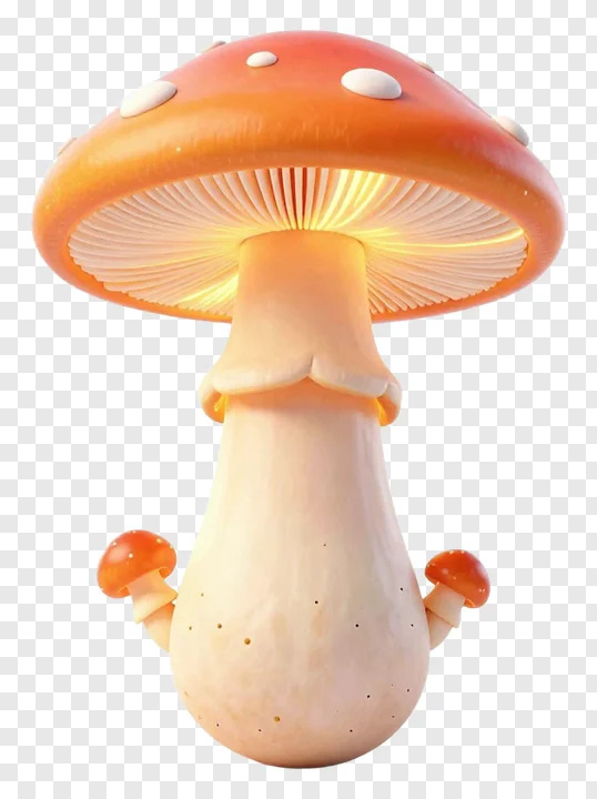 A glowing mushroom with small side mushrooms dancing.