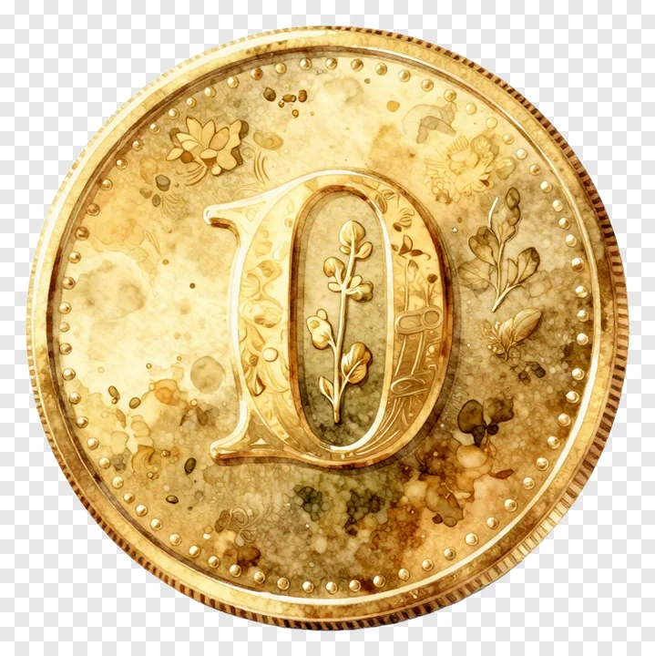 A vintage-style gold coin with floral designs and a central 'D' letter.