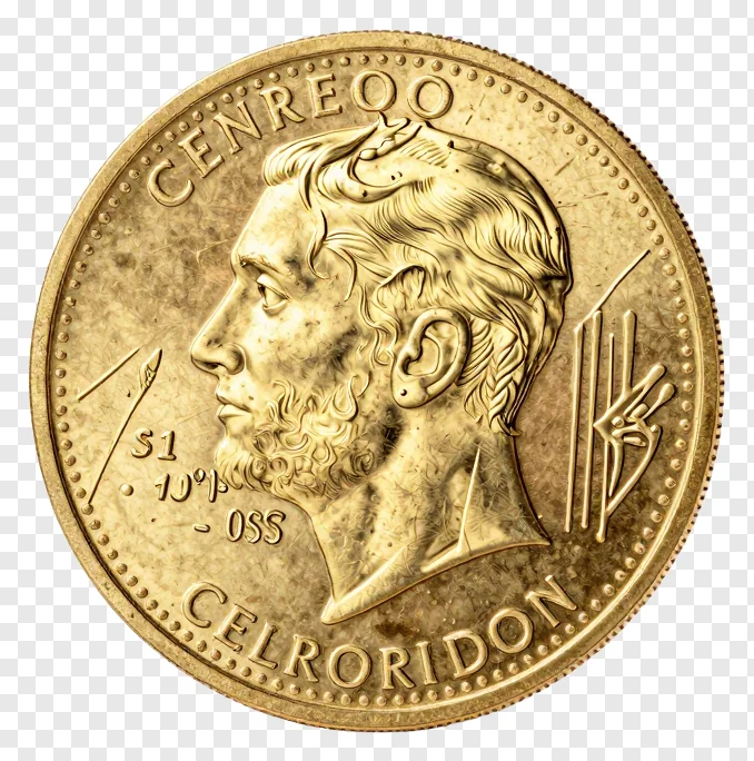 A gold coin with a man's profile and engraved text.