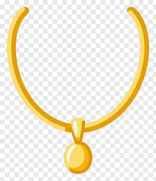 A gold necklace with a curved hoop and small pendant.