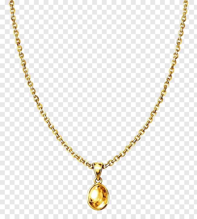 Gold necklace with an oval pendant.