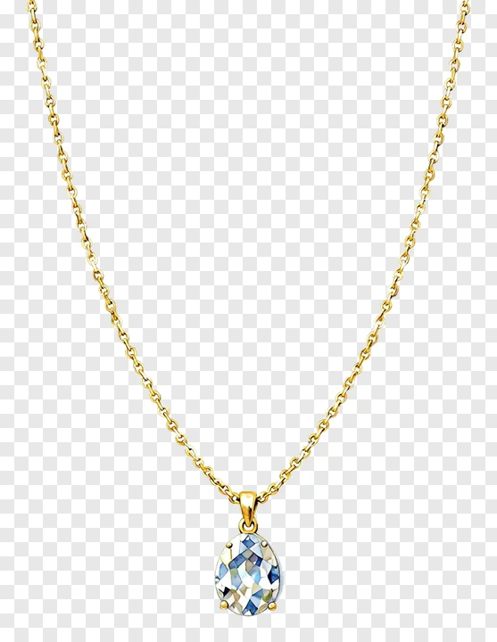 Gold necklace with a pear-shaped crystal pendant.