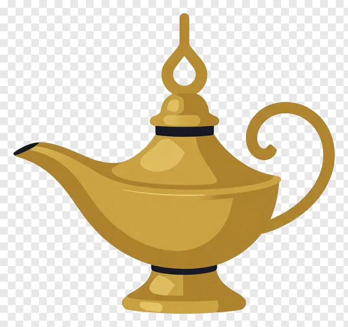 A golden aladdin-style oil lamp with a curved spout.