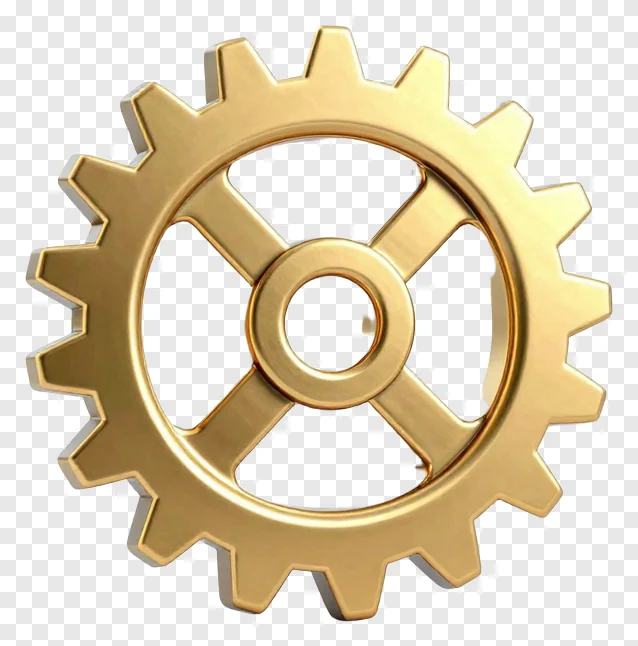 Golden brass gear charm with teeth and central hole.