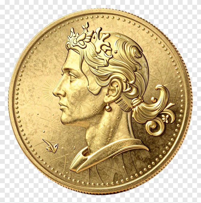 A gold coin with a crowned profile facing left.