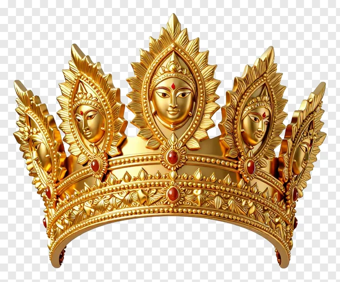 Golden crown with multiple faces and red gems.