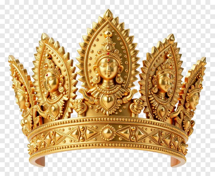 A golden crown with five faces of Durga.
