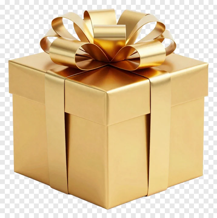 A golden gift box with a bow.
