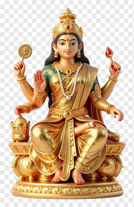 Golden statue of Goddess Lakshmi seated on a throne.