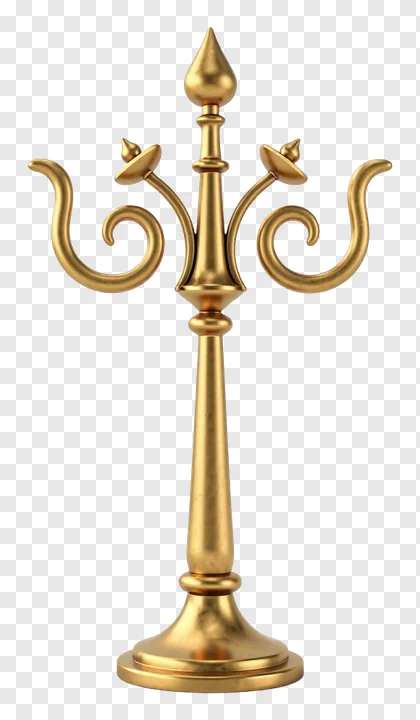 Golden trishul candlestick with three curved arms.