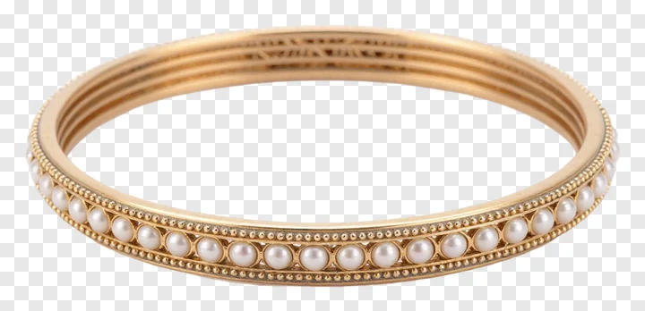 A gold bangle with pearls set in a single row.