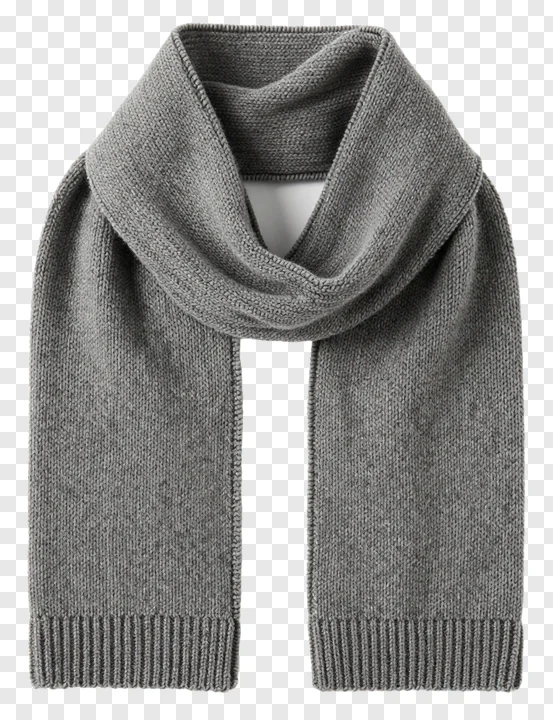 Gray knitted winter scarf styled as a cowl neck.