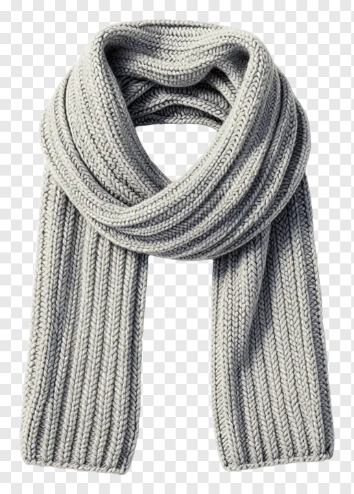 Gray knitted winter scarf with ribbed texture.