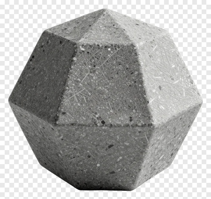Gray textured dodecahedron with faceted surfaces.