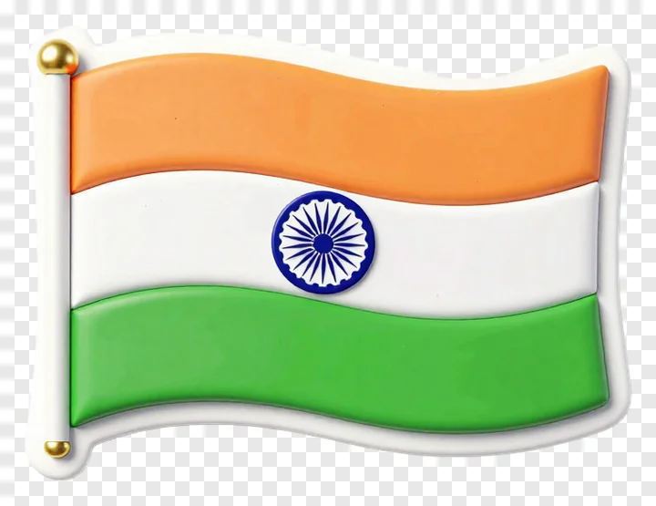 A glossy 3D waving Indian flag with saffron, white, and green stripes.