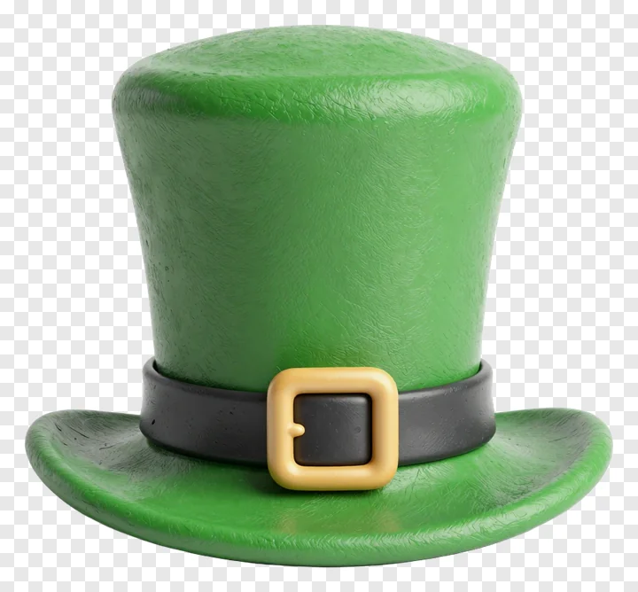 A green leprechaun hat with a black strap and gold buckle.