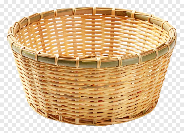 A light brown woven bamboo daura basket with green trim.
