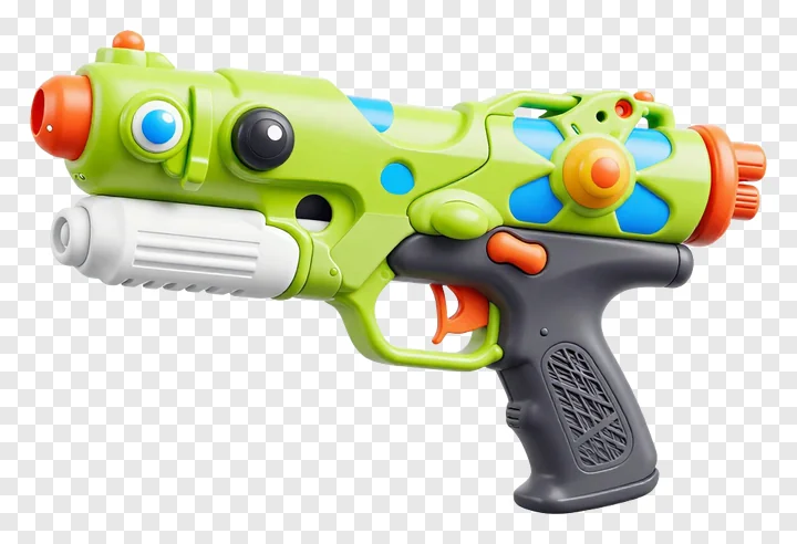A green plastic water gun with big blue-eyed faces.