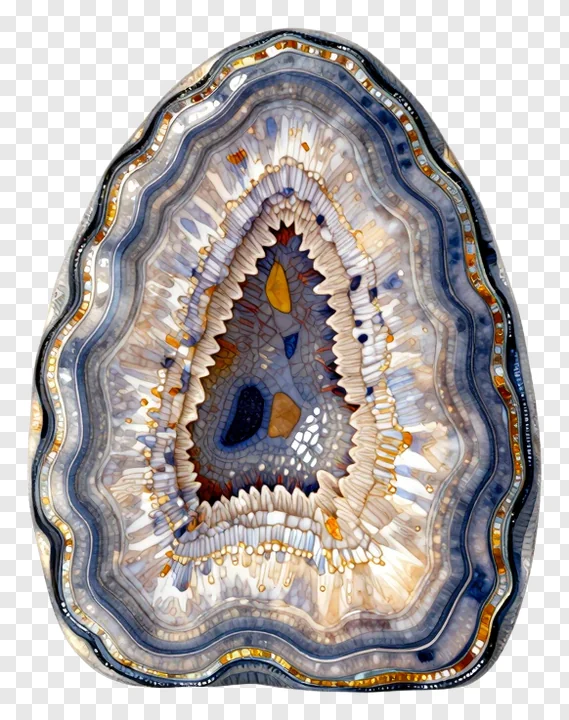 Hand-blown glass geode slice with colorful layered patterns.