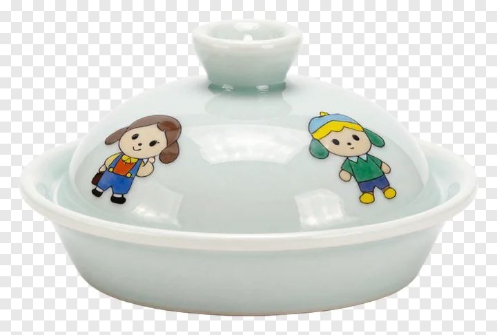 Ceramic bowl lid with cartoon children illustration.