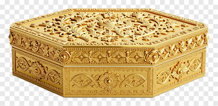 A hexagonal golden box with detailed floral carvings.