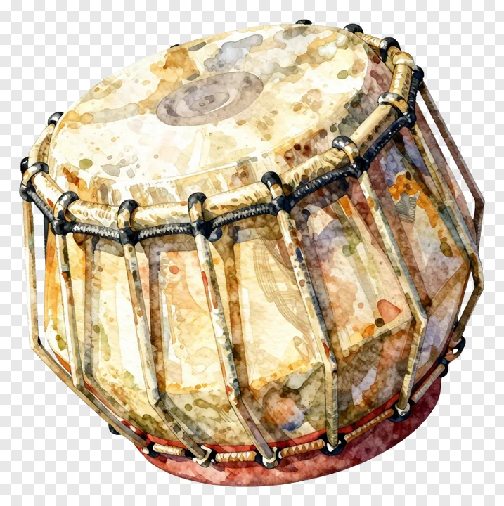 A watercolor illustration of a Bengali tabla drum.