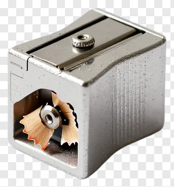 Metal pencil sharpener containing pencil shavings.