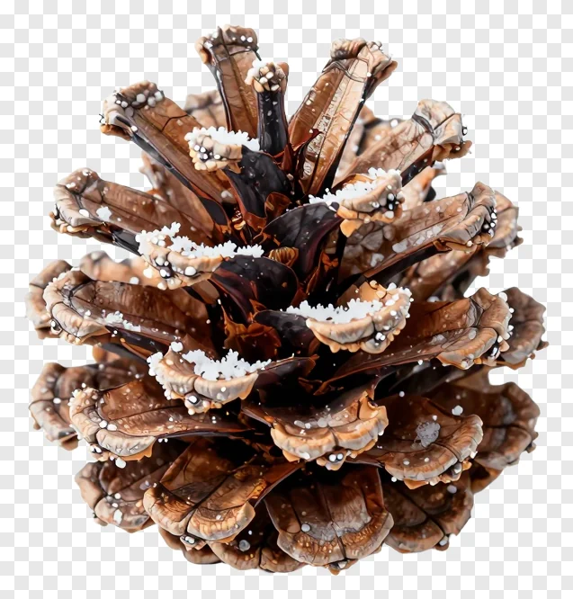 A bronze pinecone covered in frost.