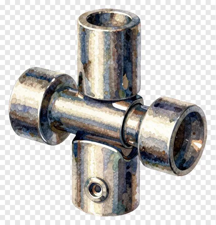 A metallic cross-shaped hinge joint.